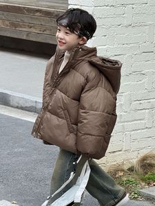 儿童冬装新款韩国童装棉衣男童美拉德棕色短款手塞棉保暖连帽棉服