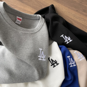 华夫格面料 春季休闲打底水洗卫衣 男士纯色圆领la刺绣上衣情侣潮