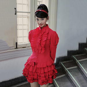 南君哥特复古花边灯笼袖小众设计衬衫蛋糕裙红色套装亚文化万圣节