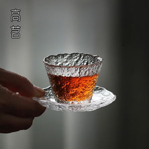 日式玻璃小茶杯功夫茶品茗杯茶道杯垫套装家用初雪锤目纹冰冻杯子