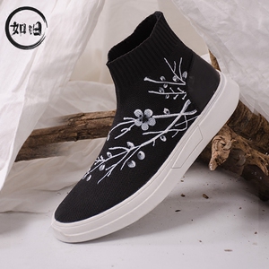 如旧原创设计梅花印花高帮鞋男中国风男鞋民族风网布鞋国潮袜子鞋