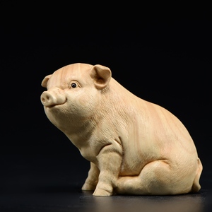 小叶黄杨木雕猪摆件实木头雕刻生肖福猪手把件红木家居饰品工艺品