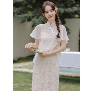 新中式轻国风改良旗袍年轻款少女蕾丝吊带连衣裙刺绣罩衫两件套夏