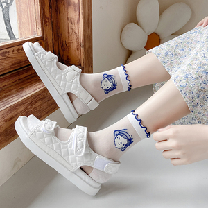 夏季薄凉鞋袜子日系可爱女生白色透明玻璃丝lolita花边少女中筒袜