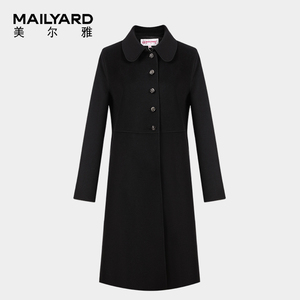 美尔雅女装黑色经典款大衣 长袖绵羊毛通勤中长款呢子外套188