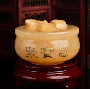 九星转动黄玉聚宝盆德明敬制德明堂黄晶金元宝藏风聚气聚宝盆摆件