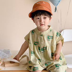 韩版短袖百天新生儿男女宝宝帅气鳄鱼衬衫连体衣婴儿衣服外出爬服