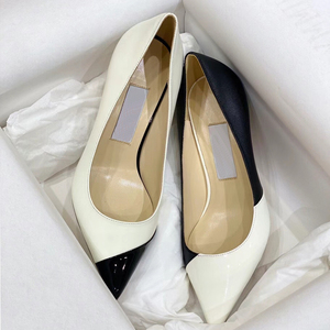 新款jc女鞋love尖头高跟鞋细跟网红性感黑白撞色漆皮浅口平底单鞋