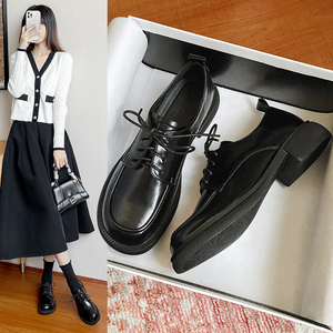 英伦小皮鞋女配裙子2022春季新款圆头系带深口单鞋女粗跟jk制服鞋