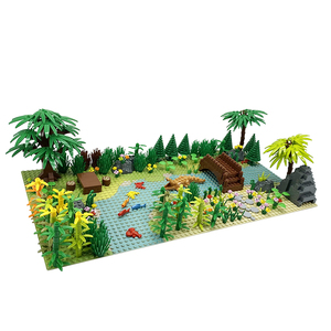 小颗粒积木moc热带雨林 溪流河畔小岛 森林花草植物冒险动物拼装