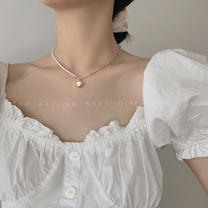 一半珍珠一半链条立体质感爱心项链女气质高级简约裙子法式锁骨链