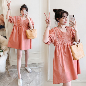 2020春款新款孕妇装娃娃领上衣中长款显瘦长袖春季纯棉孕妇连衣裙
