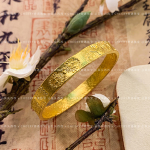 古法黄金手镯足金999手工錾刻吉言金宝器贵妃镯圆镯开口闭口手环