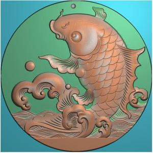 圆形鲤鱼挂件牌子年年有余水纹波浪鱼圆牌精雕图浮雕灰度电脑雕刻