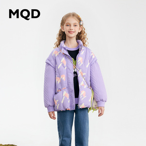 MQD童装女大童立领花卉图案甜美羽绒服23冬可拆卸袖子多穿外套新