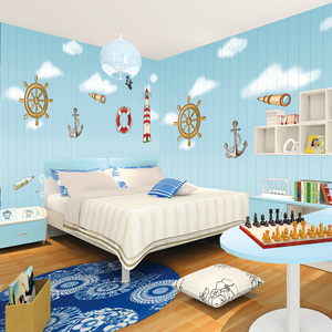 3d儿童房壁纸男孩房间卧室背景墙墙纸墙布杰克海盗船卡通帆船壁画