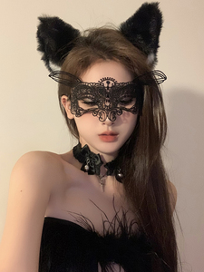 黑色蕾丝性感猫耳朵发箍禁欲系眼罩遮脸网纱万圣节头饰发饰女配饰