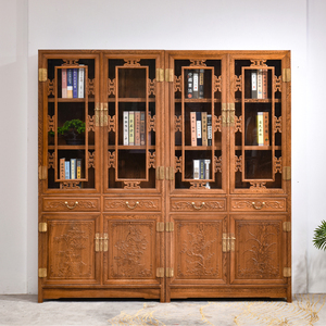 鸡翅木书柜书橱书架中式实木陈列柜玻璃柜红木中式古典储物展示柜