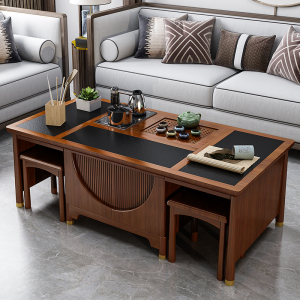 新中式火烧石功夫茶几茶台带烧水壶一体客厅全实木整装办公室茶桌