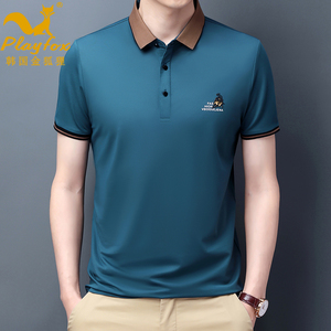 金狐狸夏季短袖t恤男中年丝光棉纯色翻领polo衫宽松大码百搭上衣
