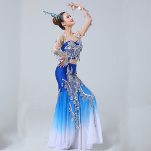 傣族舞蹈服装演出服水之灵舞蹈孔雀舞女成人表演服亮片鱼尾裙