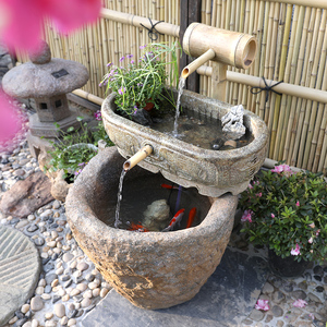 石槽竹子水系流水摆件室外落地鱼缸阳台花园造景日式庭院装饰水景