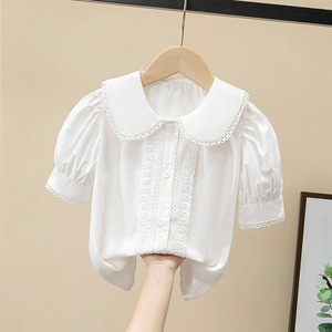 女童夏装韩版儿童娃娃领学院风洋气纯棉泡泡袖中大童白色衬衫短袖
