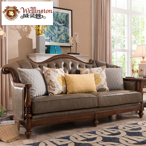 威灵顿 美式沙发真皮组合简美沙发乡村实木客厅沙发三人位X602-31