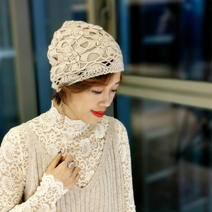 8072人付款天猫帽子女秋冬韩版百搭潮复古优雅大花马海毛线镂空针织