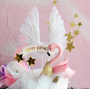 火烈鸟蛋糕装饰粉色天鹅鸟白色天使羽毛翅膀金色羽毛花拱门花环