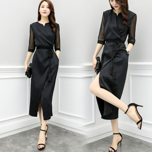 黑色v领裙子2023夏新款韩版中袖连衣裙气质收腰系带开叉中长裙女