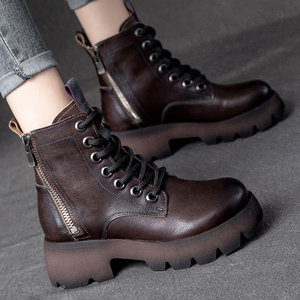 真皮粗跟厚底防水台高帮英伦风马丁靴女短靴机车战靴复古骑士靴秋