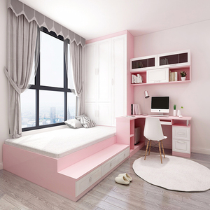 现代简约踏米床带衣柜多功能榻榻米床柜组合儿童房粉色塌塌米定制