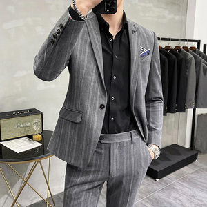 结婚西装男套装暴徒一套韩式修身潮流新郎休闲西服男冬季宽竖条纹