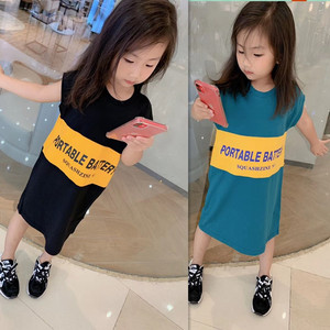 大e小e处理夏童装韩版纯棉短袖连衣裙女童中大童拼接字母长t裙子