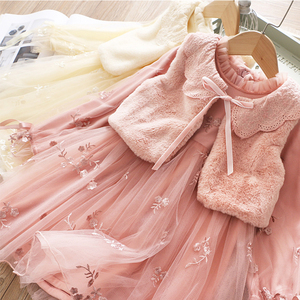 女童连衣裙冬季加绒马甲公主裙两件套宝宝新年衣服儿童小香风套装