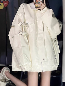 白色棒球服PU皮衣外套女春秋季美式复古设计感小众情侣机车服夹克