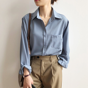 雾霾蓝衬衫女宽松长袖垂感上衣气质淑女复古简约抗皱天丝春秋衬衣
