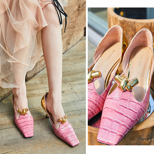 b.poétique春夏新品方头金饰裹脚方头高跟鞋女