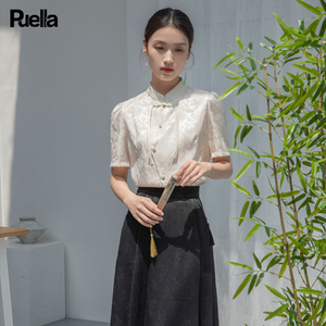 拉夏贝尔Puella新中式国风立领对襟提花盘扣短袖衬衫女夏雪纺上衣