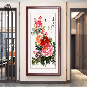 国画花开富贵牡丹图新中式玄关装饰画竖版入户走廊过道壁画寓意好