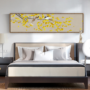 床头装饰画新中式卧室挂画免打孔画房间壁画花鸟银杏叶大气横版画