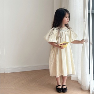 韩版女童洋气连衣裙2024夏装时尚提花短袖棉布裙儿童夏季裙子宽松