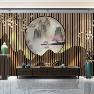 8d新中式圆形梅花电视背景墙壁纸水墨山水画客厅沙发电视墙画墙布