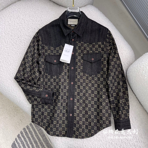 gucci/古驰 22春夏时尚黑色水洗gg提花丹宁长袖牛仔休闲衬衫外套