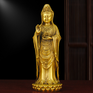 普陀山南海观音纯黄铜立莲如意轮观世音菩萨家用佛堂供奉佛像摆件