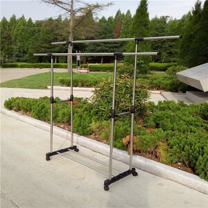 不锈钢晾衣架落地室内挂衣杆高低双杠可伸缩式收缩晒被架移动带轮