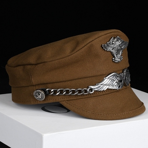 帽子男女平顶德式哈雷机车帽春秋季做旧海军帽夏季帆布水手船长帽