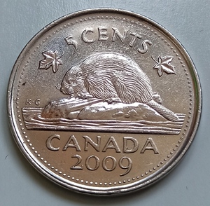 2009年 加拿大 5分硬币 花冠女王头像 海狸鼠 品相如图 保真