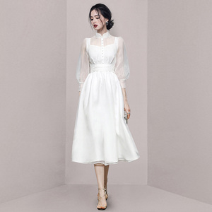 SandroDorky 新款旗袍气质白色小礼服a字蓬蓬欧根纱裙长袖连衣裙